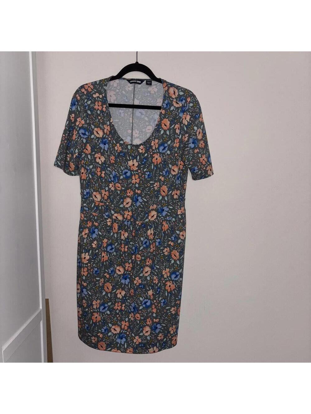 Lands End Green Floral Stretch Casual Shirt Dress